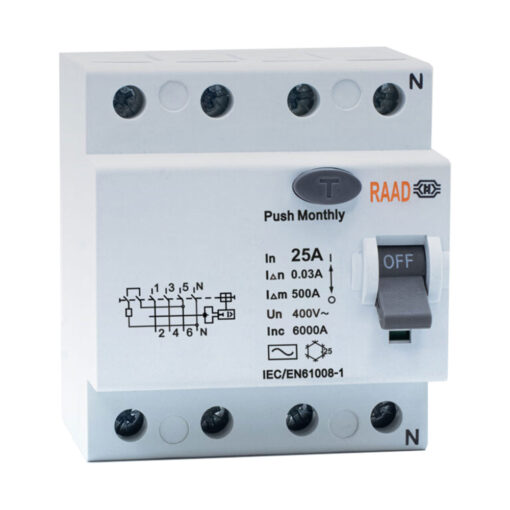 کلید محافظ جان 4 پل 25 آمپر RBRC-4P-25A-6kA رعد