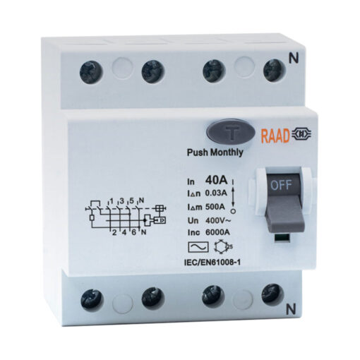 کلید محافظ جان 4 پل 40 آمپر RBRC-4P-40A-6kA رعد